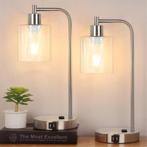 Alternative view of Set of 2 Industrial Touch Control Table Lamps with USB C+A Ports and AC Outlet, Dimmable, Bulb Included