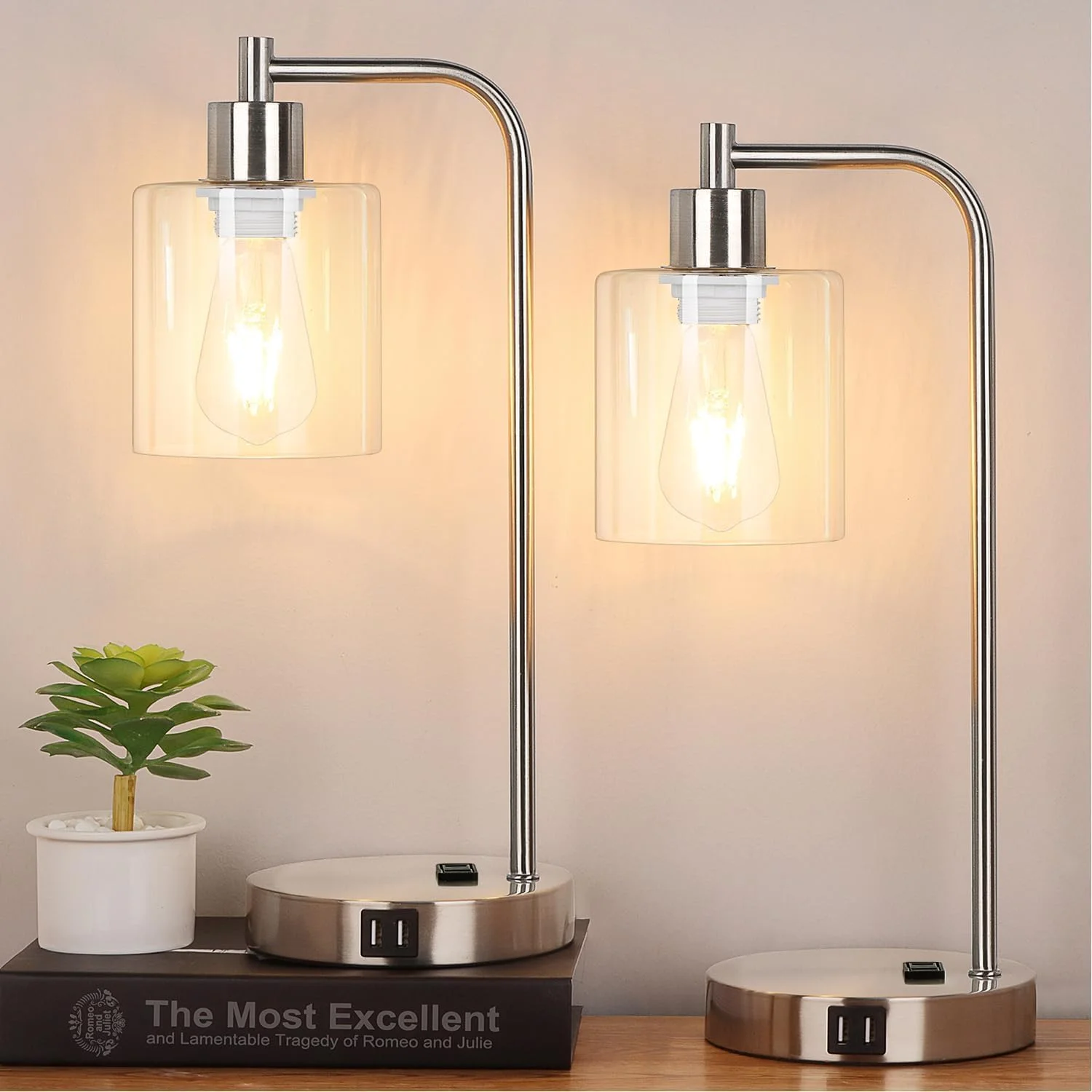 Set of 2 Industrial Touch Control Table Lamps with USB C+A Ports and AC Outlet, Dimmable, Bulb Included - Image 2