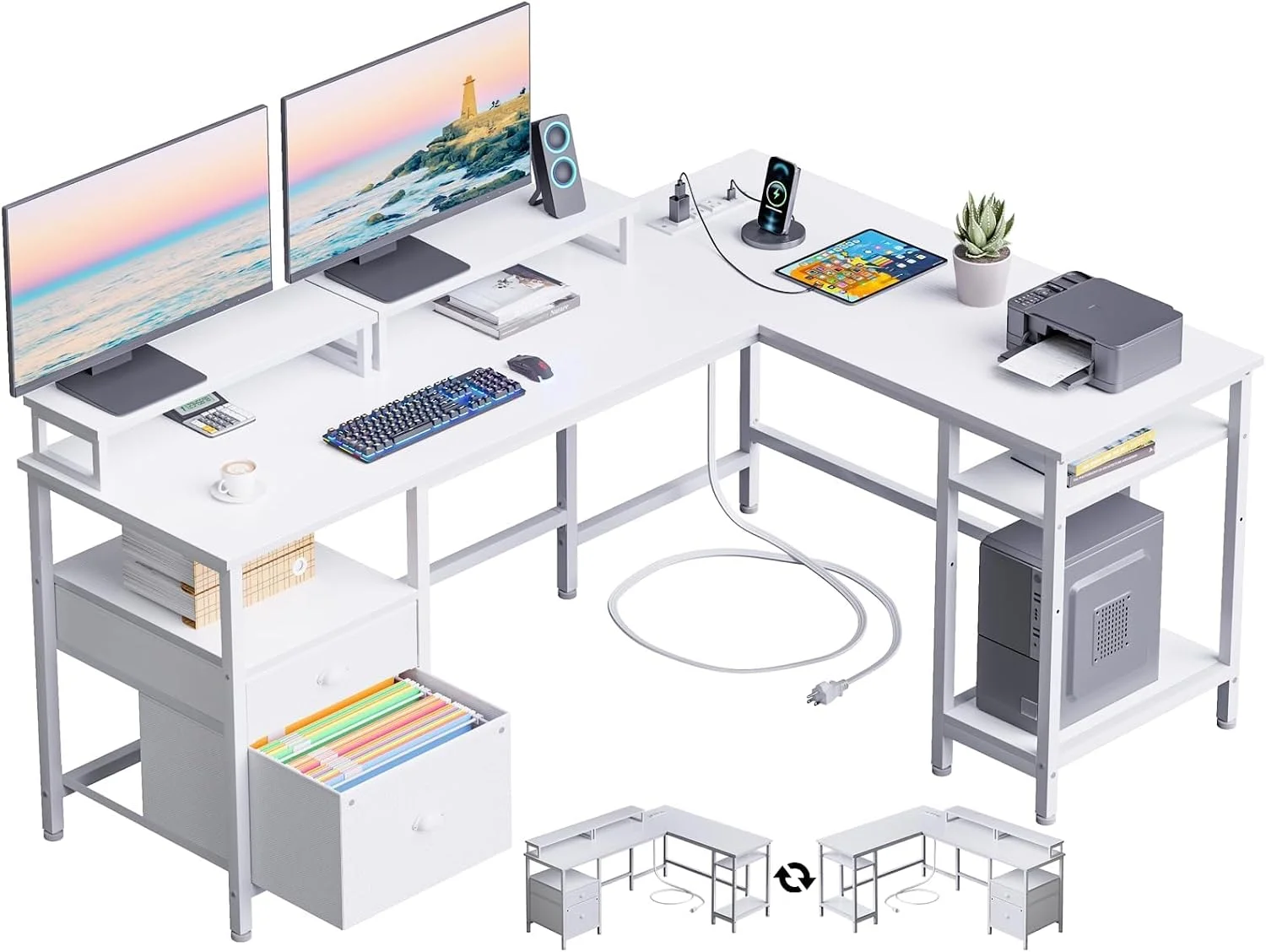 Furologee 66” L Shaped Desk with Power Outlet, Reversible Home Office Desk with File Drawer, 2 Monitor Stands - Image 6