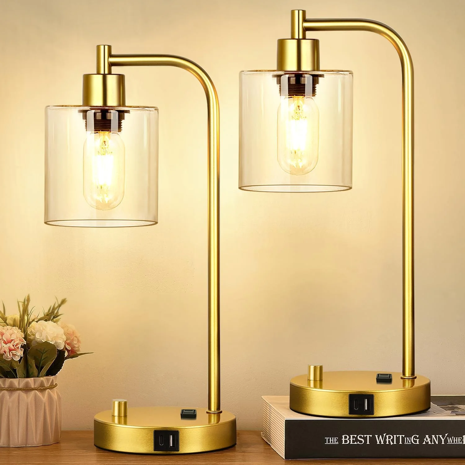 Lynnoland Set of 2 Industrial Table Lamps with 2 USB, Dimmable, Bulb Included - Image 5