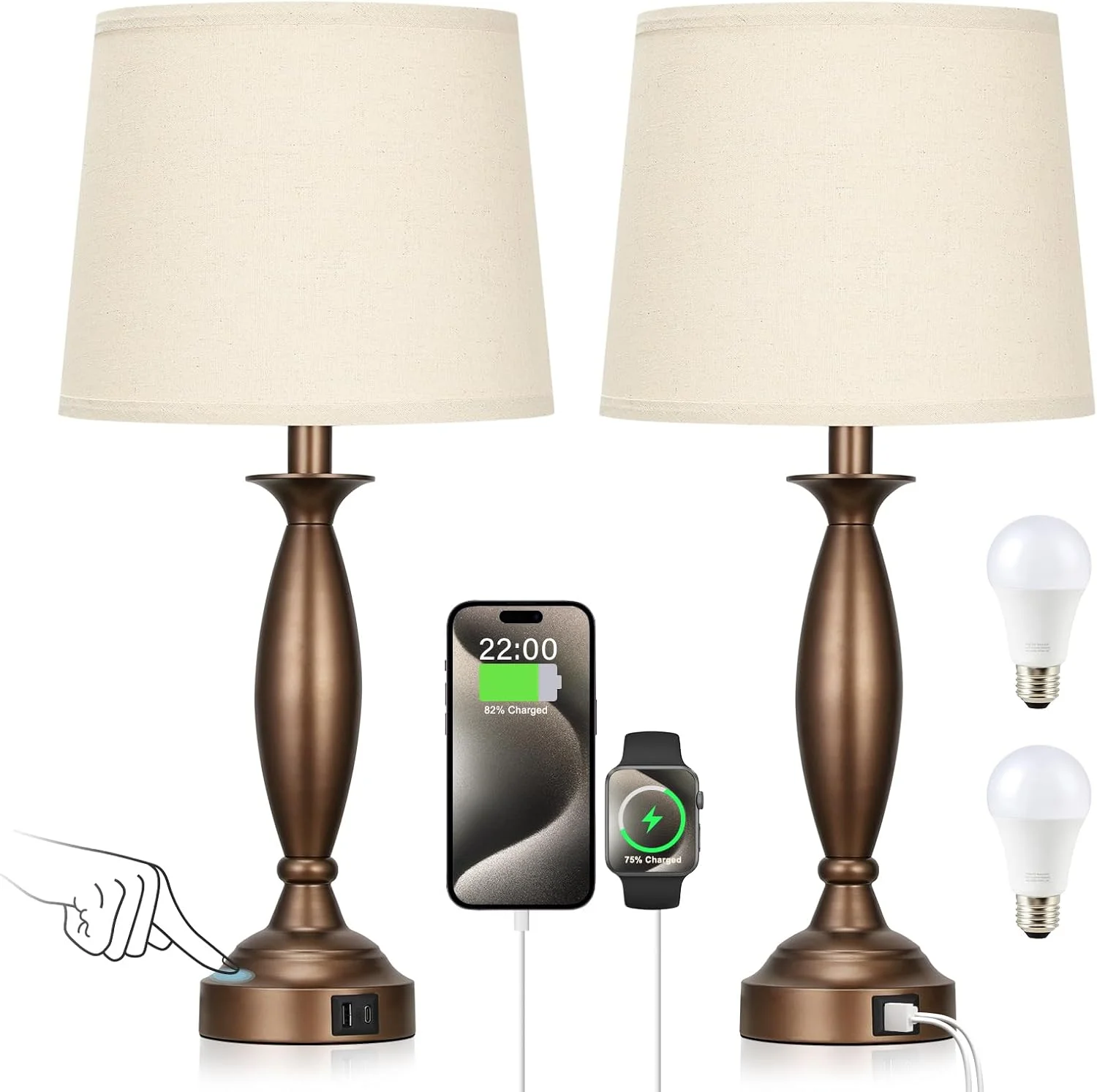 Seealle Touch Bedside Lamps for Nightstand Set of 2, Dimmable, Bulb Included - Image 12