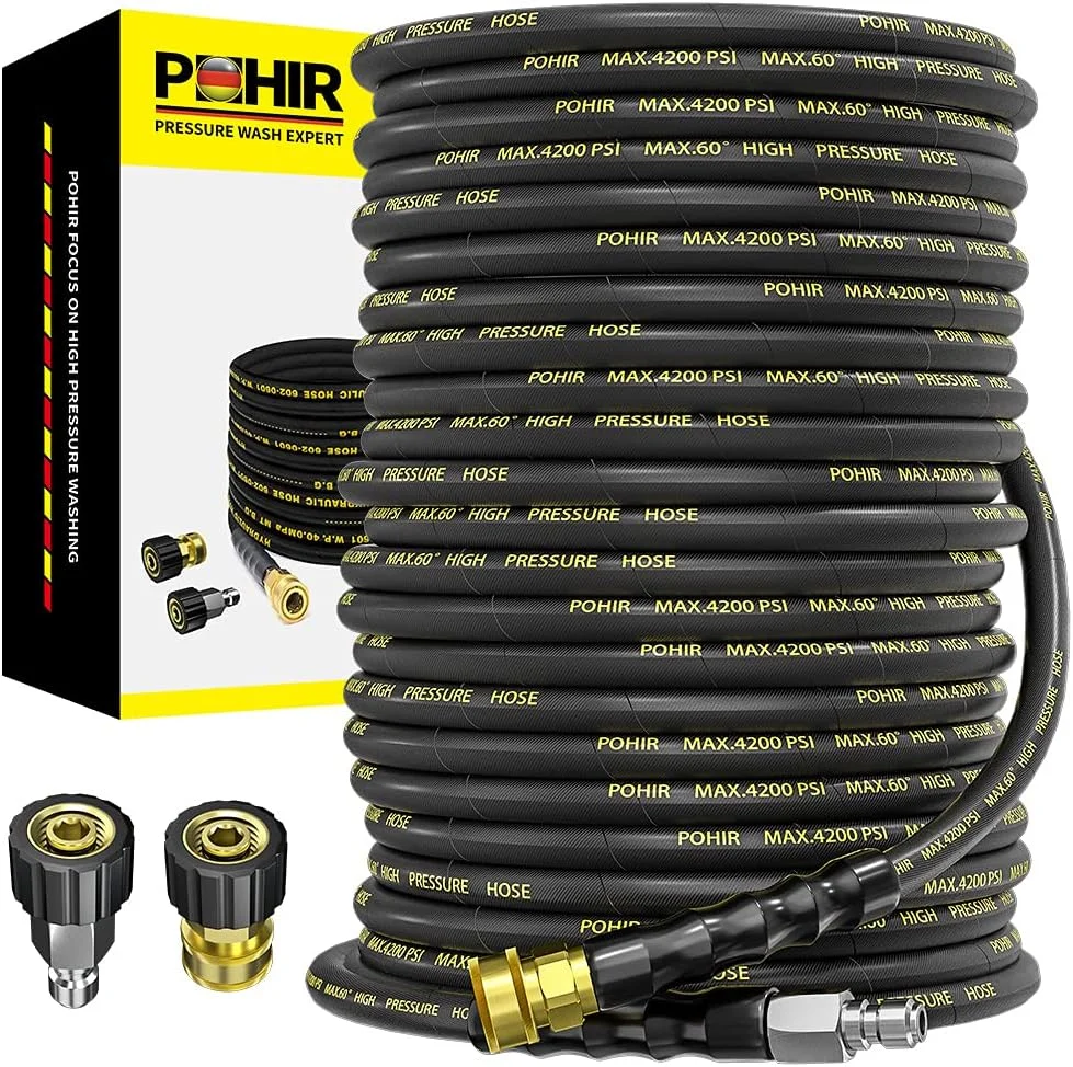 POHIR Pressure Washer Hose 50 ft with 3/8 Inch Quick Connect, Kink Resistant High Tensile Wire Braided
