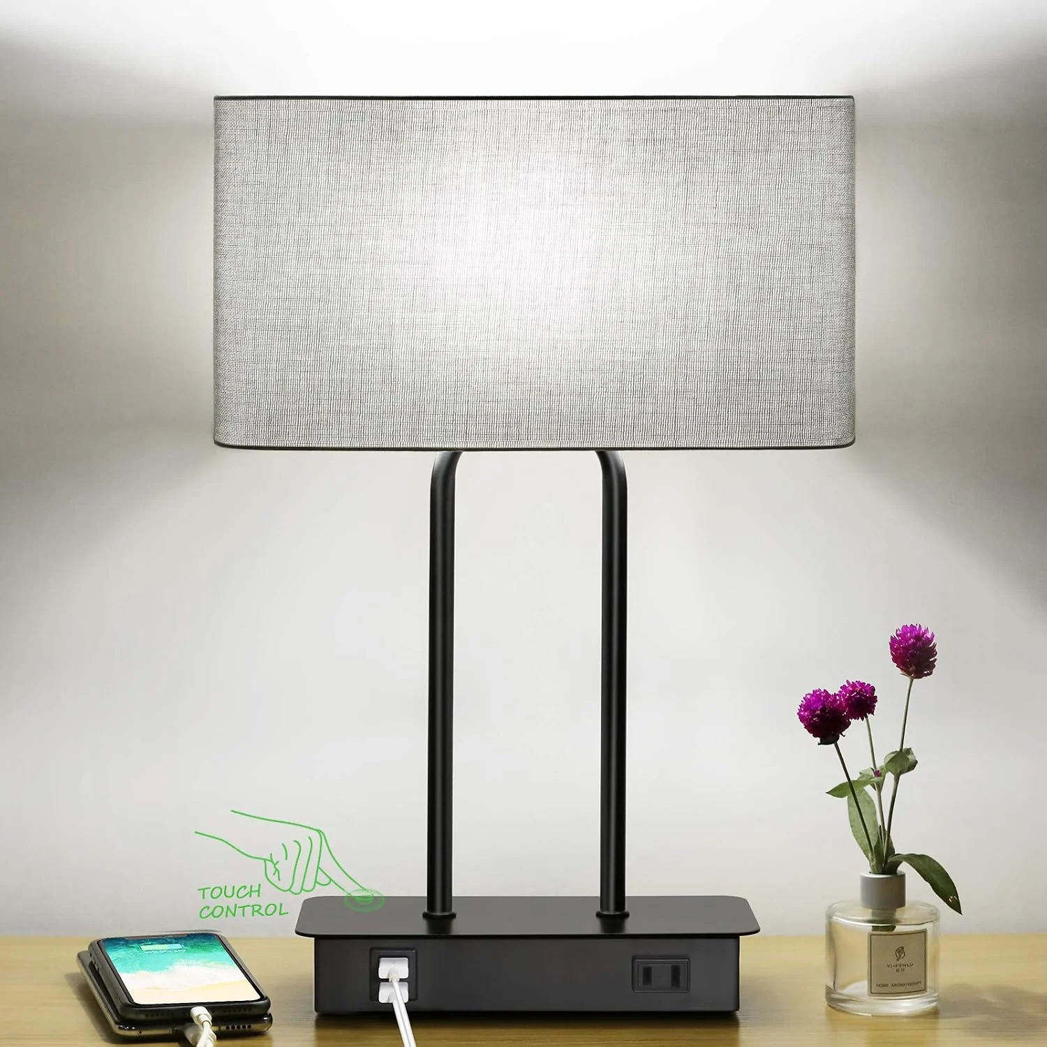 Lakumu Bedside Touch Control Table Lamps with Dual USB Charging Ports 1 AC Outlet, Dimmable