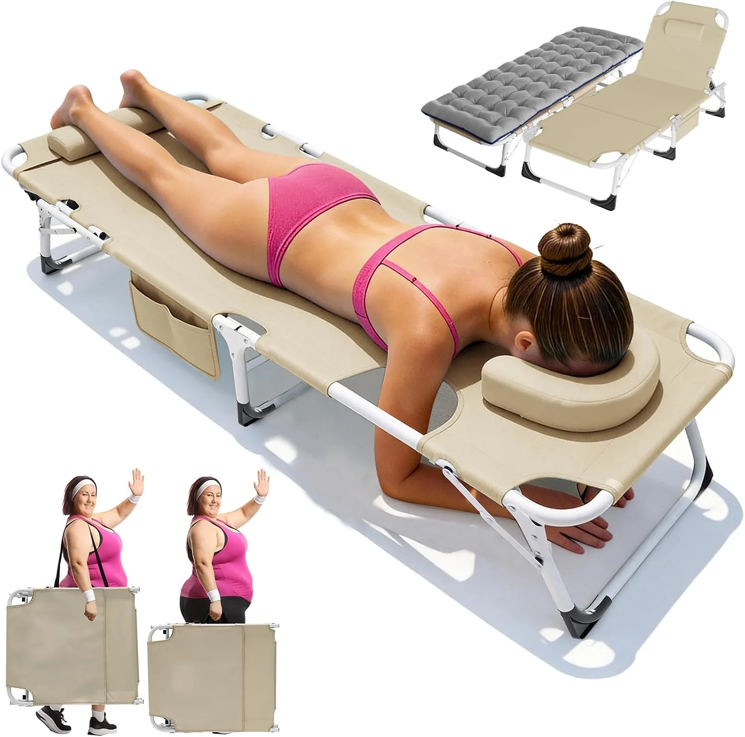 ABORON Heavy Duty Tanning Chair, Outdoor 5-Position Folding Chaise Lounge Chair with Pad, Portable Beach Lounge Chair - Image 12