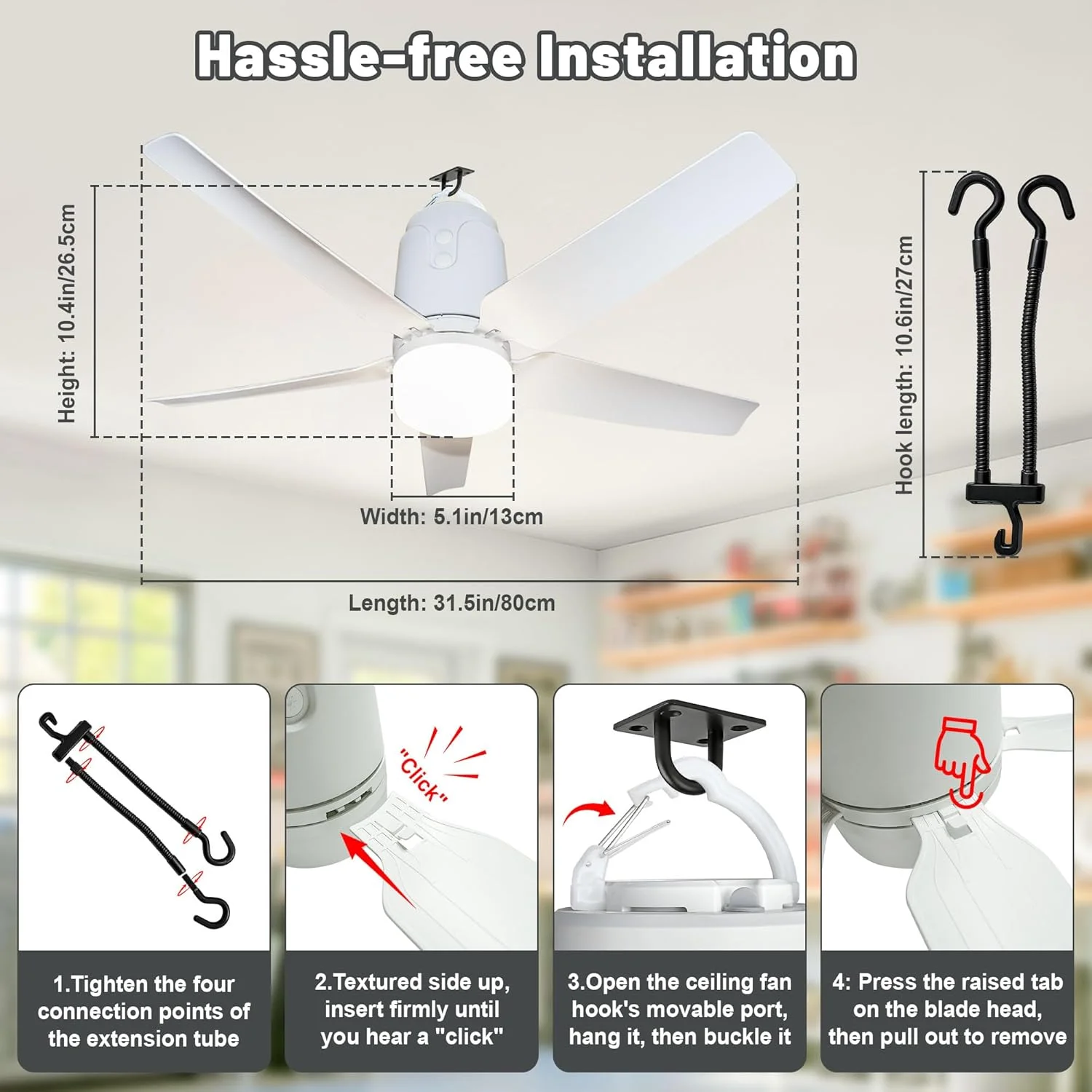 Gazebo Outdoor Ceiling Fan Light 31.5'', 40000mAh Large Portable Ceiling Fan With Remote and Hanging Hook, 4 Wind Speeds - Image 6