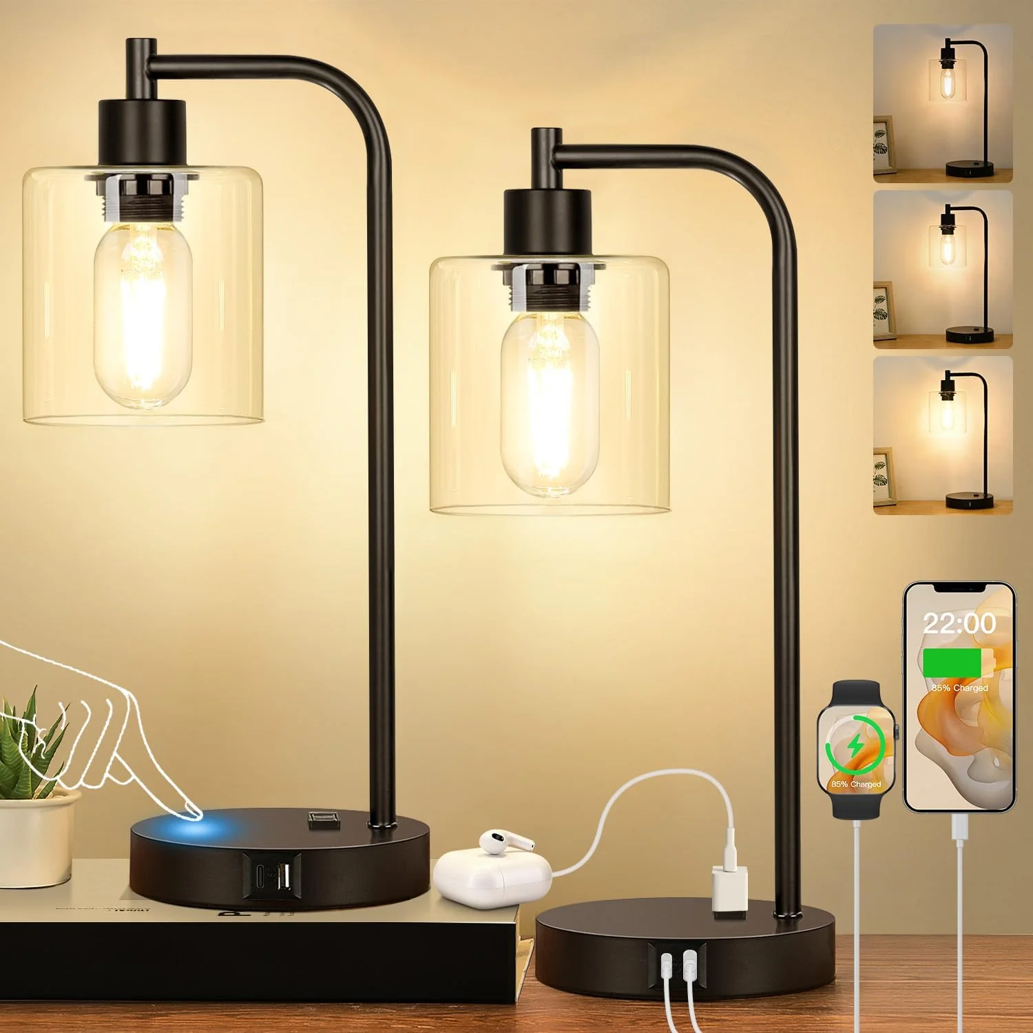 Set of 2 Industrial Touch Control Table Lamps with USB C+A Ports and AC Outlet, Dimmable, Bulb Included - Image 8