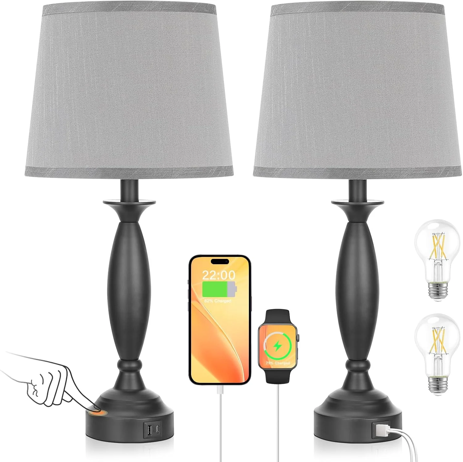 Seealle Touch Bedside Lamps for Nightstand Set of 2, Dimmable, Bulb Included - Image 8