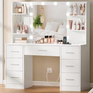 Alternative view of Quimoo Large Vanity Desk with LED Lighted Mirror & Power Outlet, Makeup Vanity Table with 7 Drawers