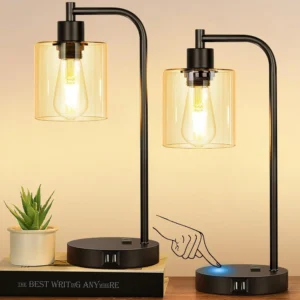 Set of 2 Industrial Touch Control Table Lamps with USB C+A Ports and AC Outlet, Dimmable, Bulb Included