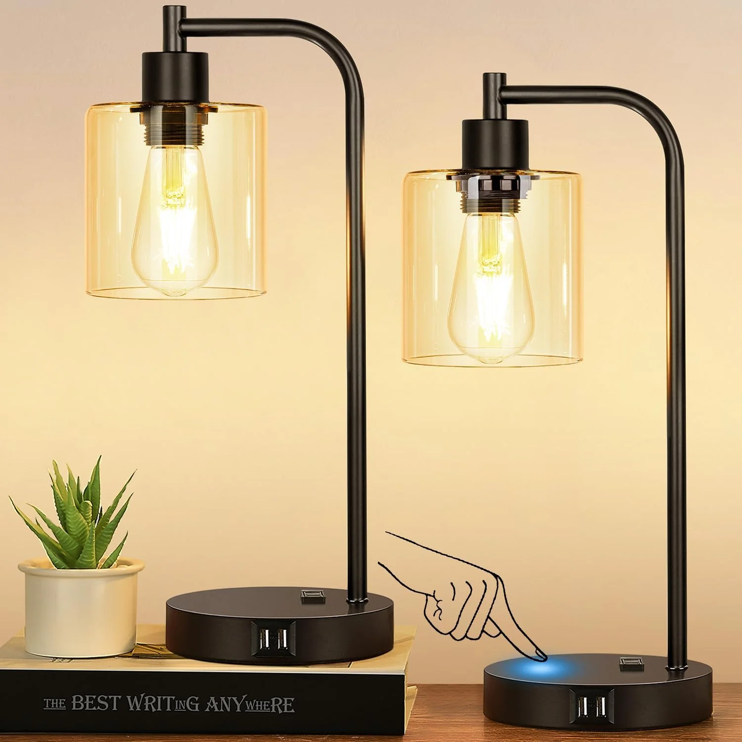 Set of 2 Industrial Touch Control Table Lamps with USB C+A Ports and AC Outlet, Dimmable, Bulb Included