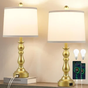 Leasgy 23'' Farmhouse Table Lamps for Living Room Set of 2 with USB C+A Ports, 3-Color Temperature, Bulb Included