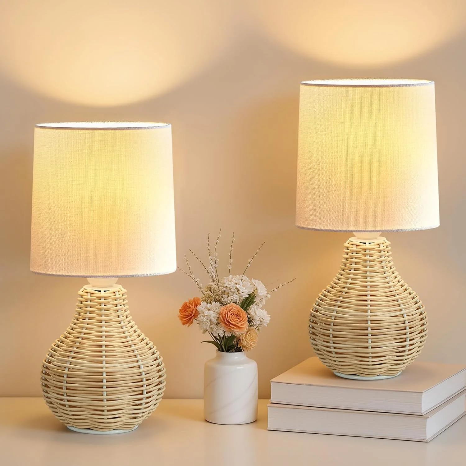 EJIAXIN Table Lamps Set of 2-13.5 Small Boho Lamp, Farmhouse Rustic Ceramic Table Lamp for Bedroom - Image 4