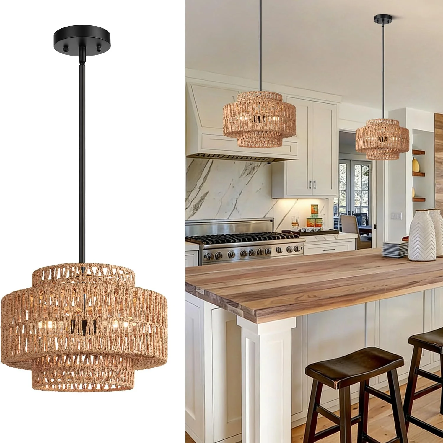 9-52 Height Adjustable Farmhouse Chandelier Light Fixture, 5-Light Rattan Boho Chandeliers for Dining Room - Image 4