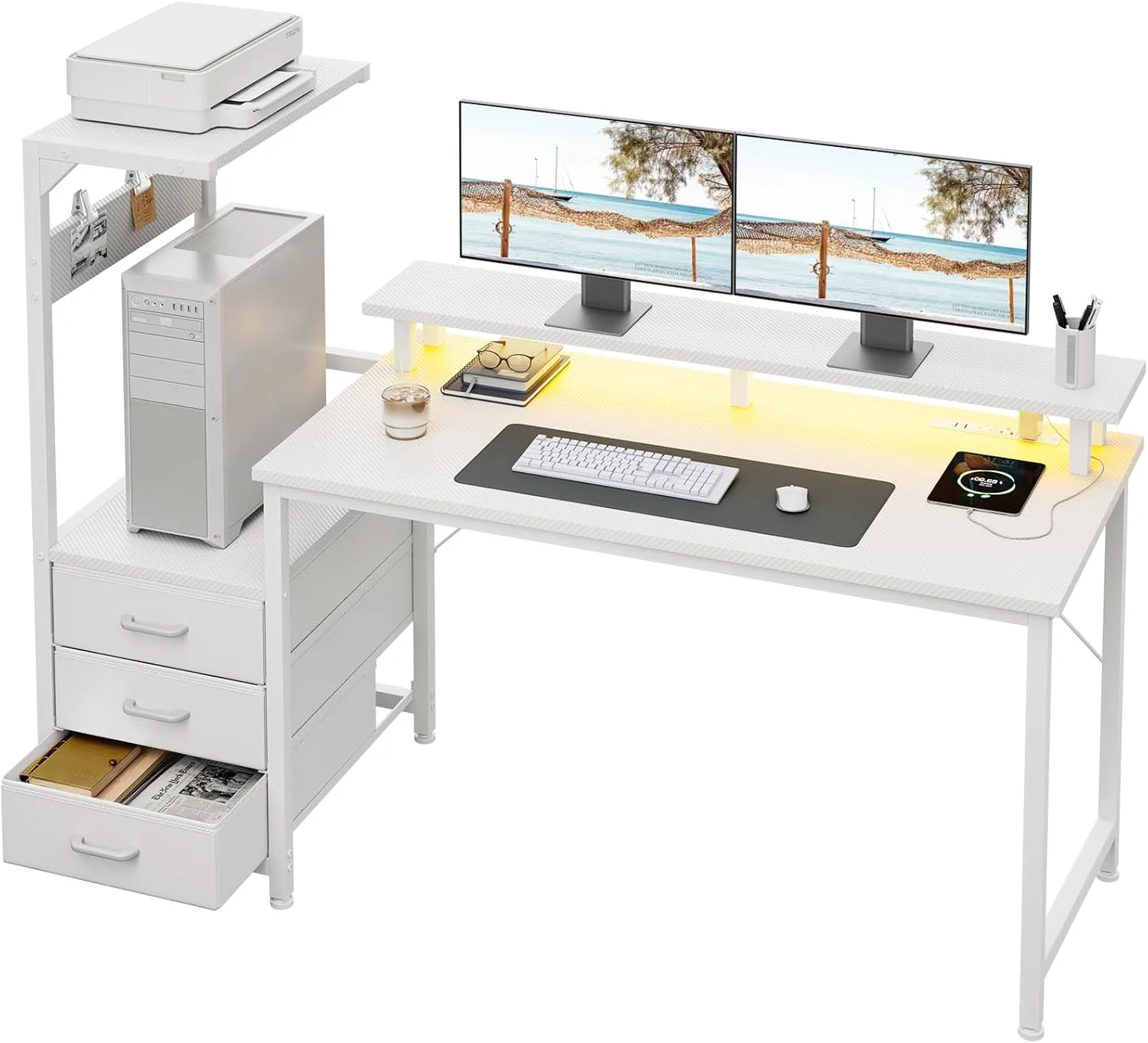 AODK Gaming Desk w/PC Showcase Stand, 59 Reversible, Elevated stand fits Lian Li O11, Hyte Y60. Triple drawers hide - Image 5
