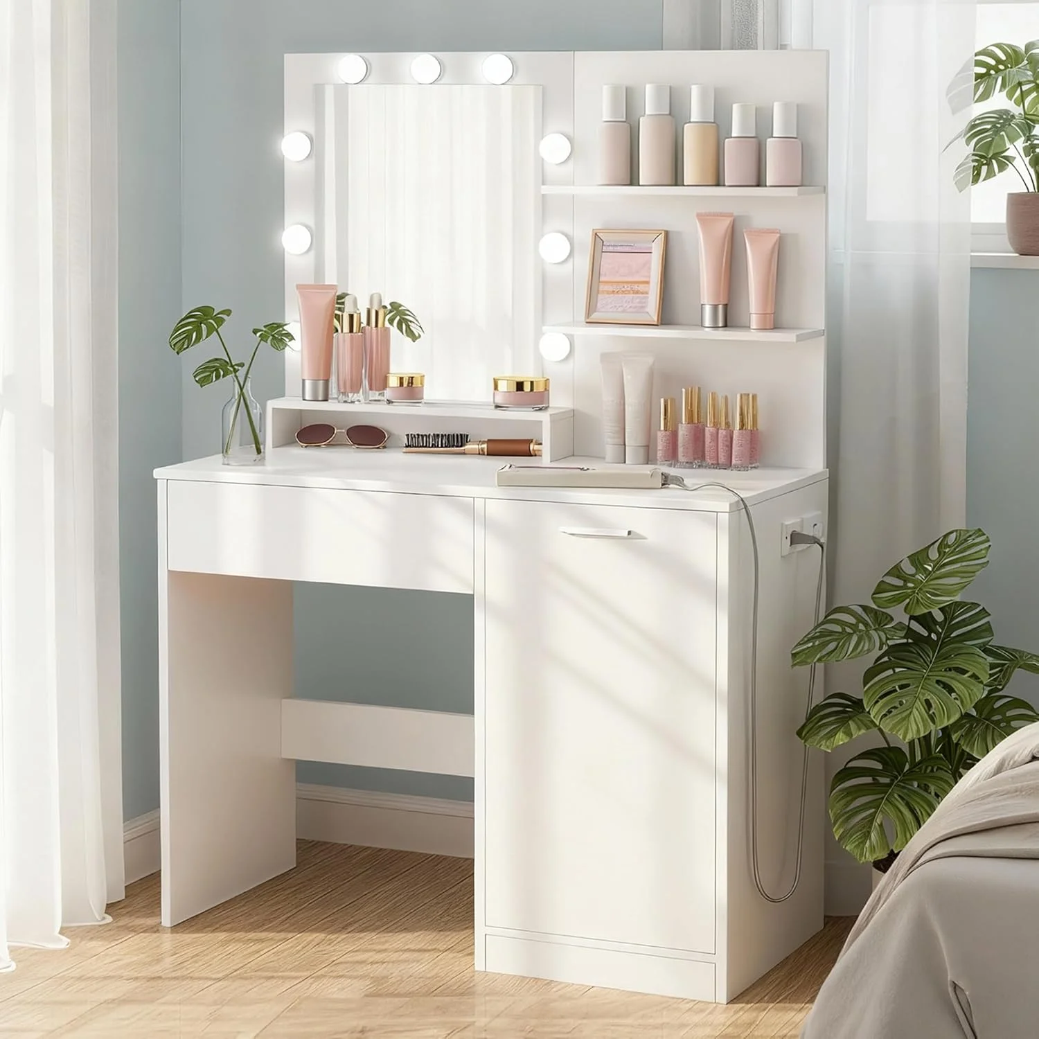 VASAGLE KAILYN Collection, Vanity Desk with Mirror and 9 LED Bulbs, Dressing Table with 9 Drawers - Image 3