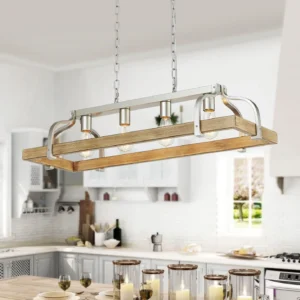 Alternative view of WUZUPS 5-Light Metal Chandelier Imitation Wood Grain Linear Pendant Ceiling Lighting Rustic Farmhouse Fixture Kitchen