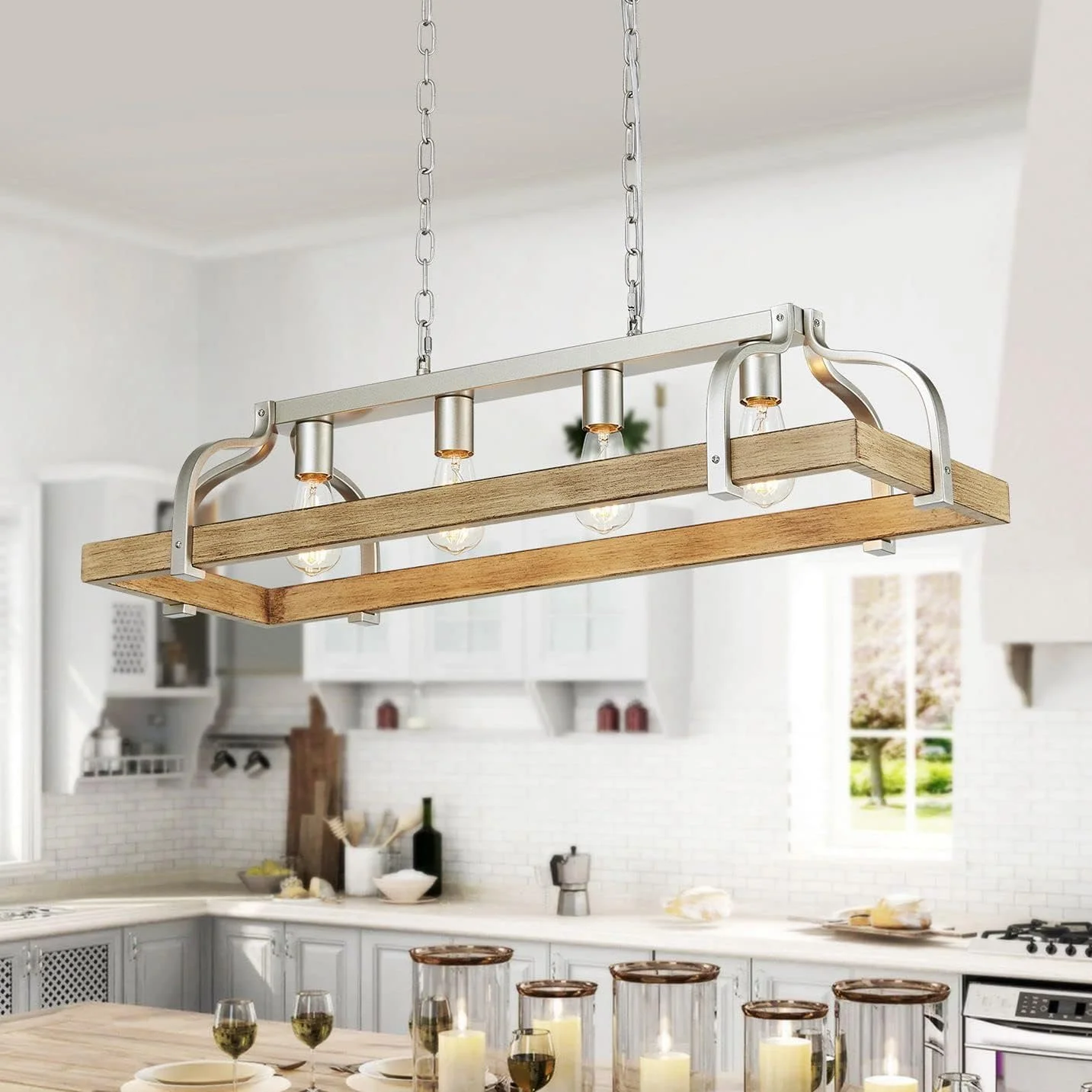 WUZUPS 5-Light Metal Chandelier Imitation Wood Grain Linear Pendant Ceiling Lighting Rustic Farmhouse Fixture Kitchen - Image 2