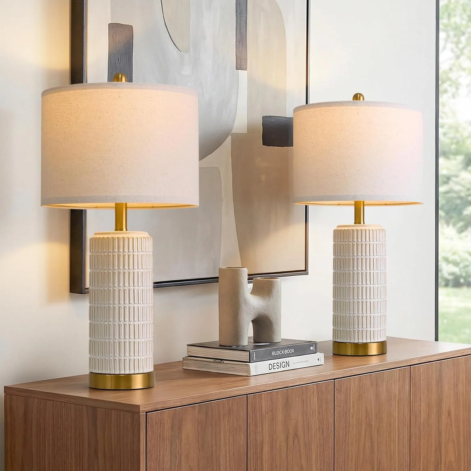 PoKat Small Bedside Table Lamps Set of 2 for Bedroom Living Room, 21.5'' Modern Ceramic Nightstand Lamps with Gold Base