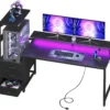 AODK Gaming Desk w/PC Showcase Stand, 59 Reversible, Elevated stand fits Lian Li O11, Hyte Y60. Triple drawers hide