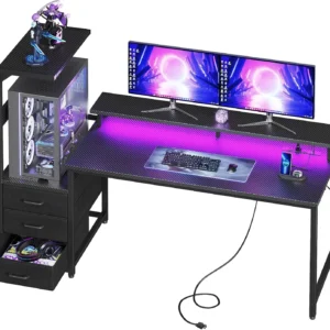 AODK Gaming Desk w/PC Showcase Stand, 59 Reversible, Elevated stand fits Lian Li O11, Hyte Y60. Triple drawers hide