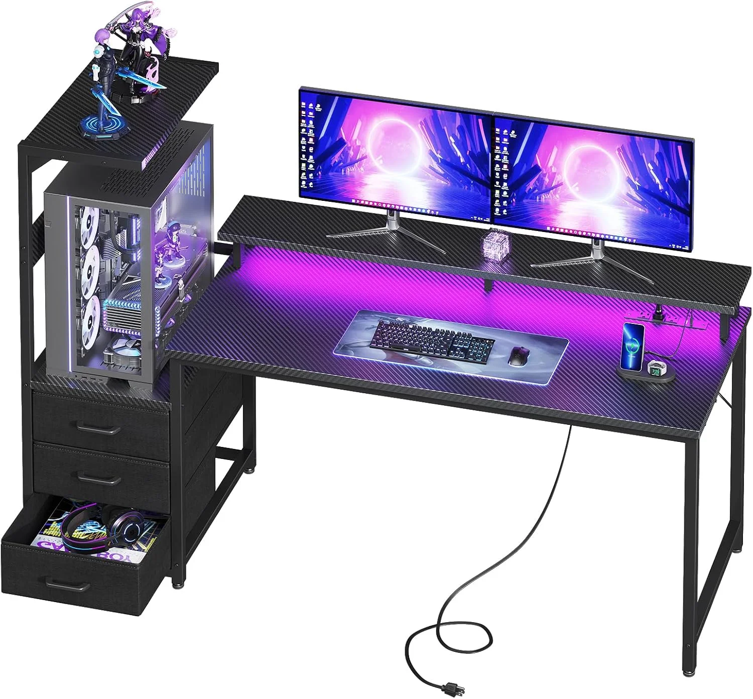 AODK Gaming Desk w/PC Showcase Stand, 59 Reversible, Elevated stand fits Lian Li O11, Hyte Y60. Triple drawers hide