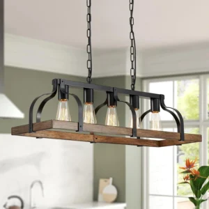 WUZUPS 5-Light Metal Chandelier Imitation Wood Grain Linear Pendant Ceiling Lighting Rustic Farmhouse Fixture Kitchen