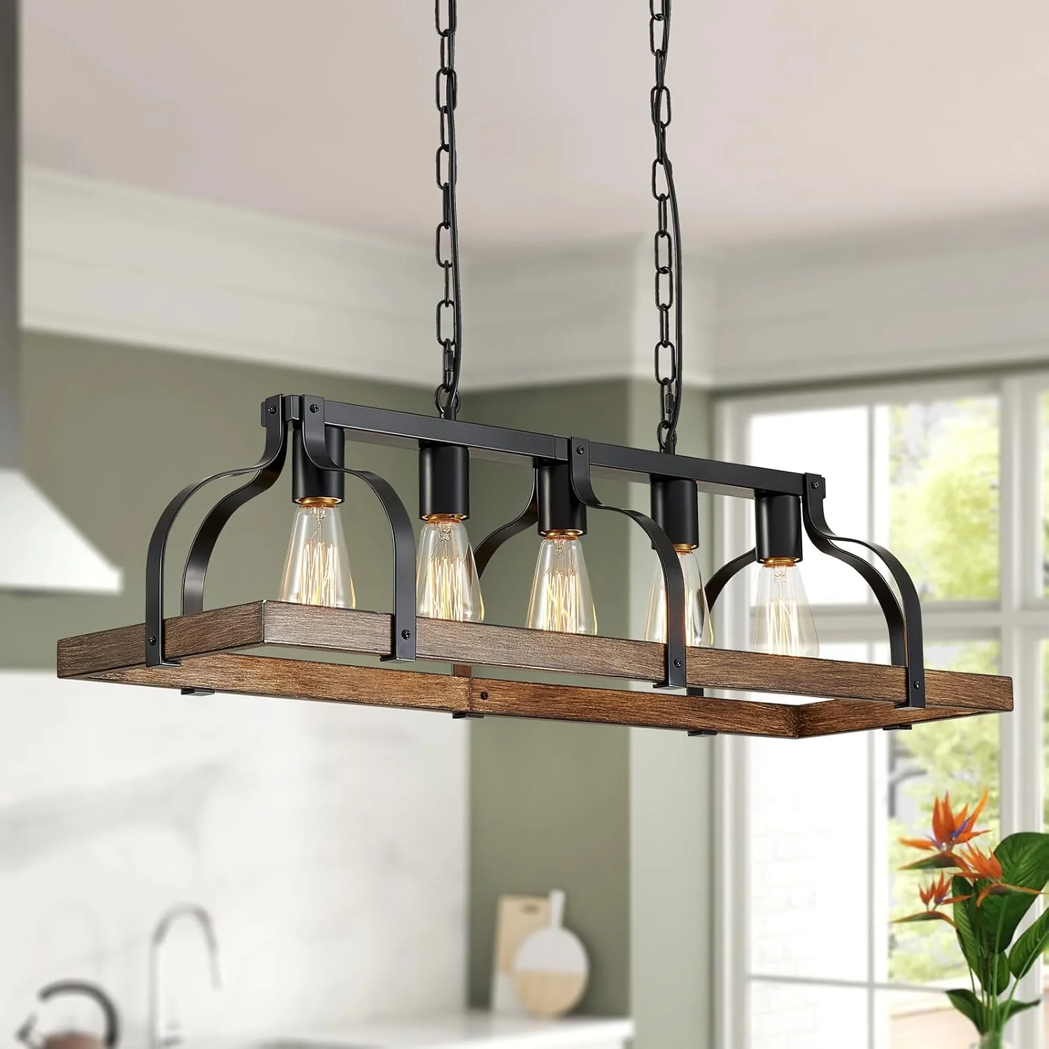 WUZUPS 5-Light Metal Chandelier Imitation Wood Grain Linear Pendant Ceiling Lighting Rustic Farmhouse Fixture Kitchen