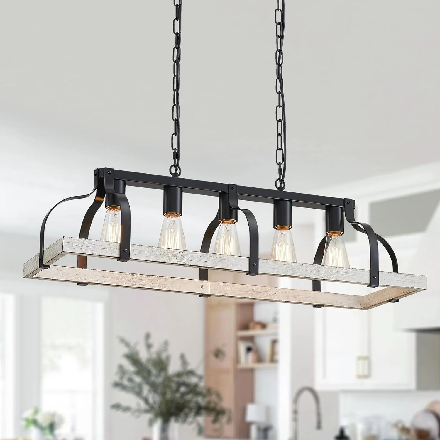 WUZUPS 5-Light Metal Chandelier Imitation Wood Grain Linear Pendant Ceiling Lighting Rustic Farmhouse Fixture Kitchen - Image 10
