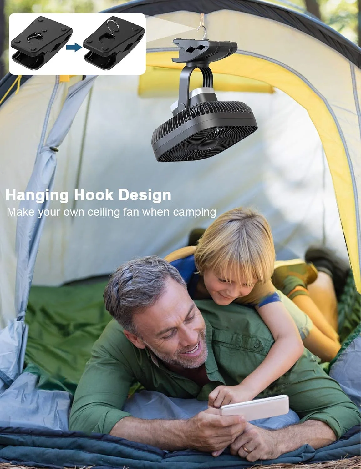SLENPET 20000mAh Rechargeable Portable Clip-on Fan, Battery Operated, Last 78 Hrs, 4 Speeds with Light & Hook - Image 5