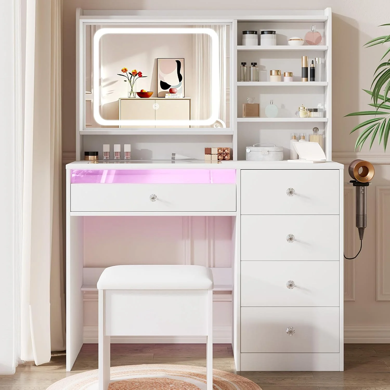 LIVELYGLOW White Makeup Vanity Desk with Charging Station & 4 Drawers, Smart LED Mirror