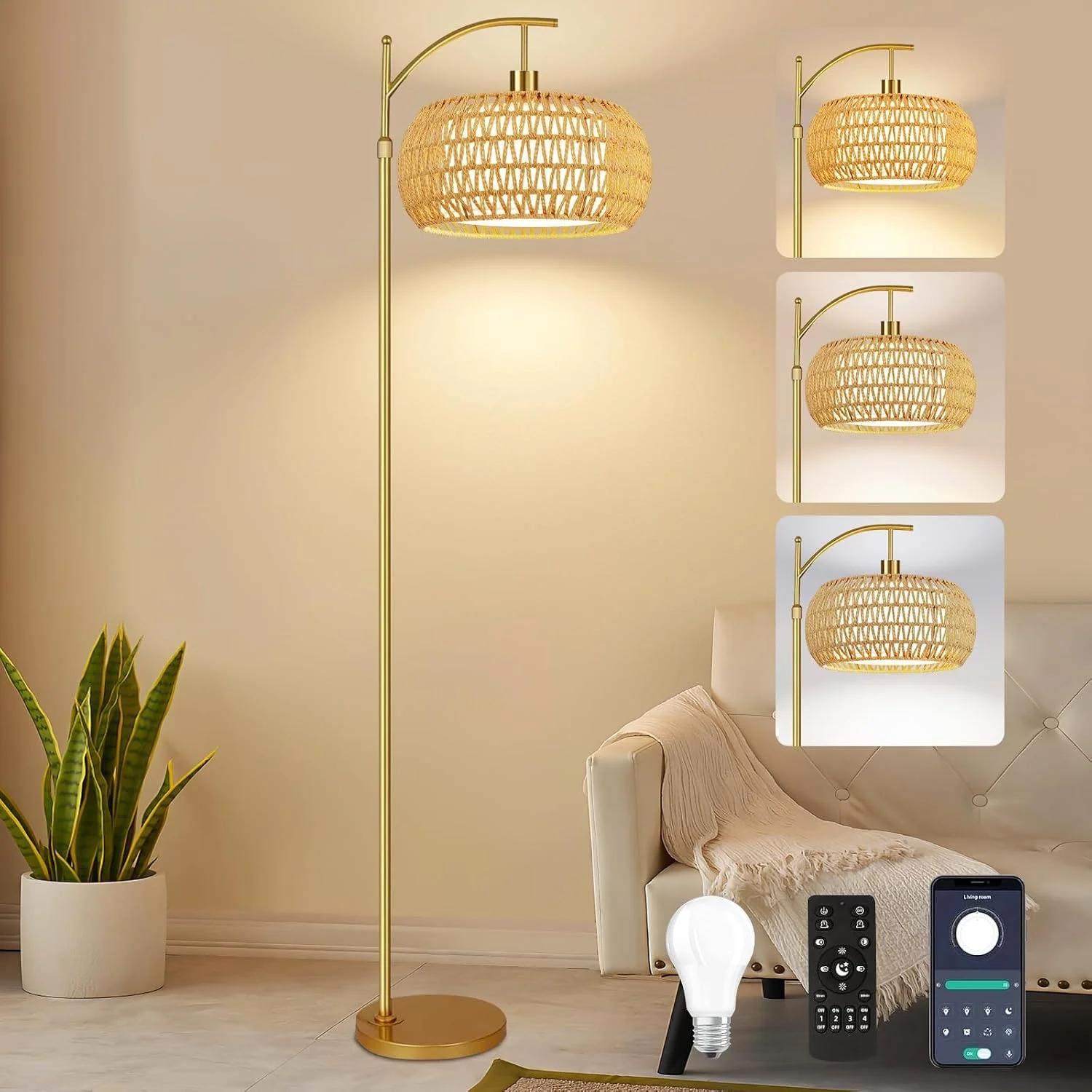 Arc Floor Lamp for Living Room Rattan Boho Floor Lamp with Remote Control, Dimmable, 3-Color Temperature - Image 2