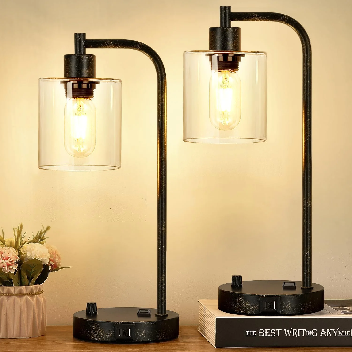 Lynnoland Set of 2 Industrial Table Lamps with 2 USB, Dimmable, Bulb Included - Image 7