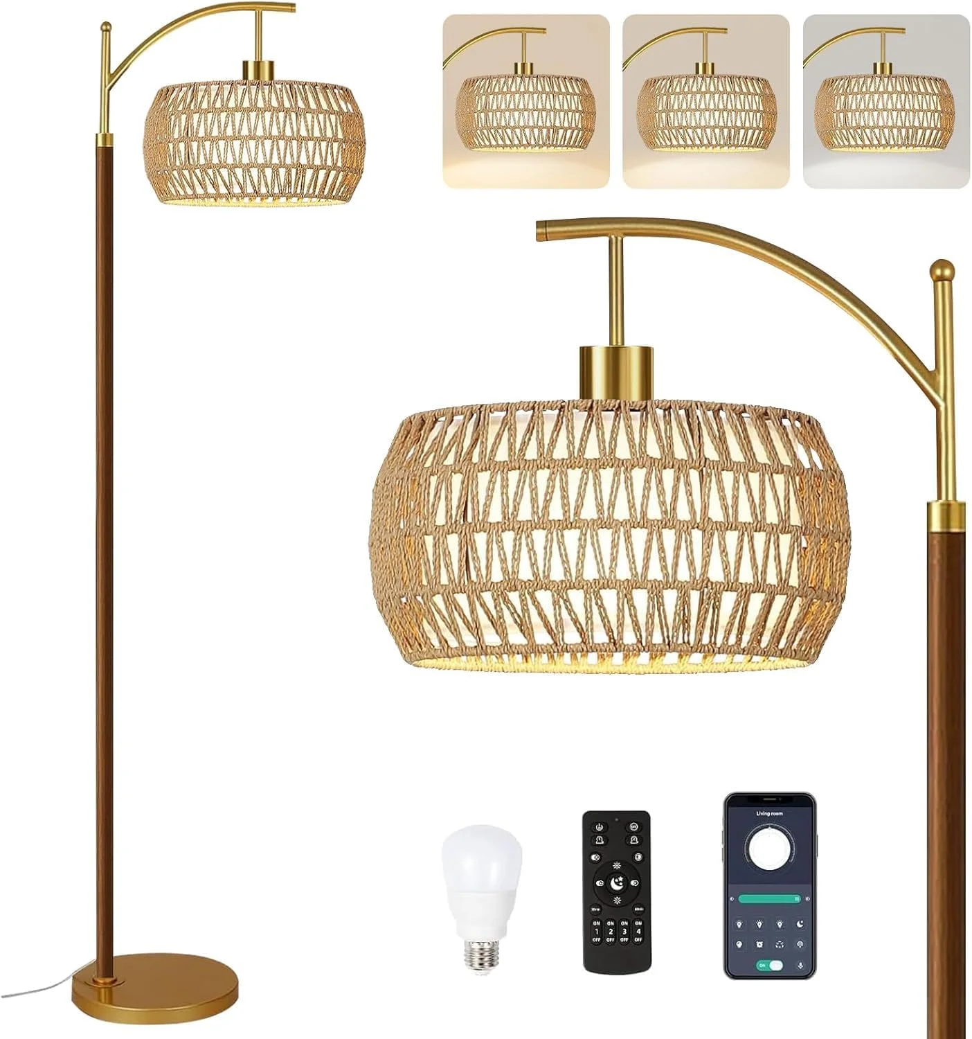 Arc Floor Lamp for Living Room Rattan Boho Floor Lamp with Remote Control, Dimmable, 3-Color Temperature - Image 6