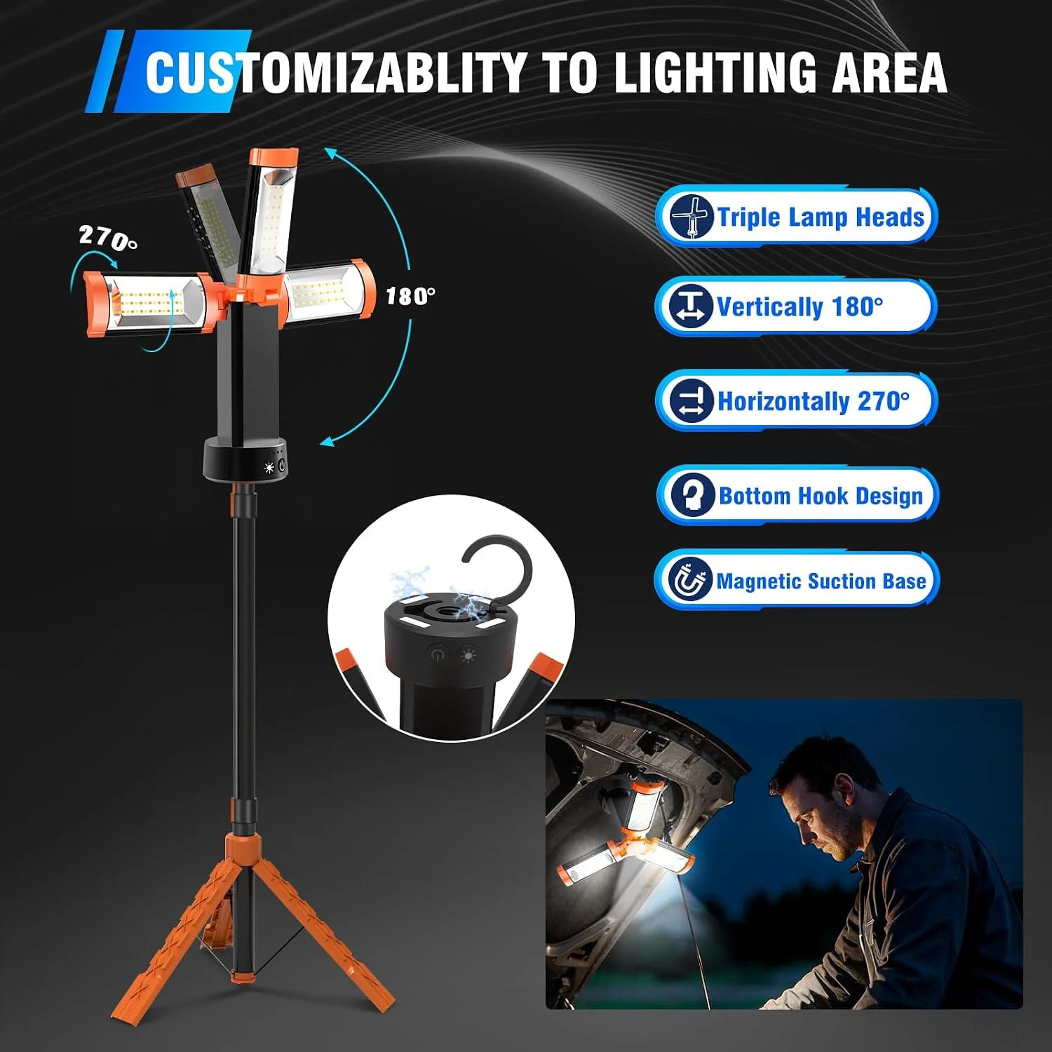 AKOFUN 12000mAh Camping Light with Stand, Rechargeable Work Light, 10000 Lumen Dimmable Cordless Work Light with 3 LED - Image 5