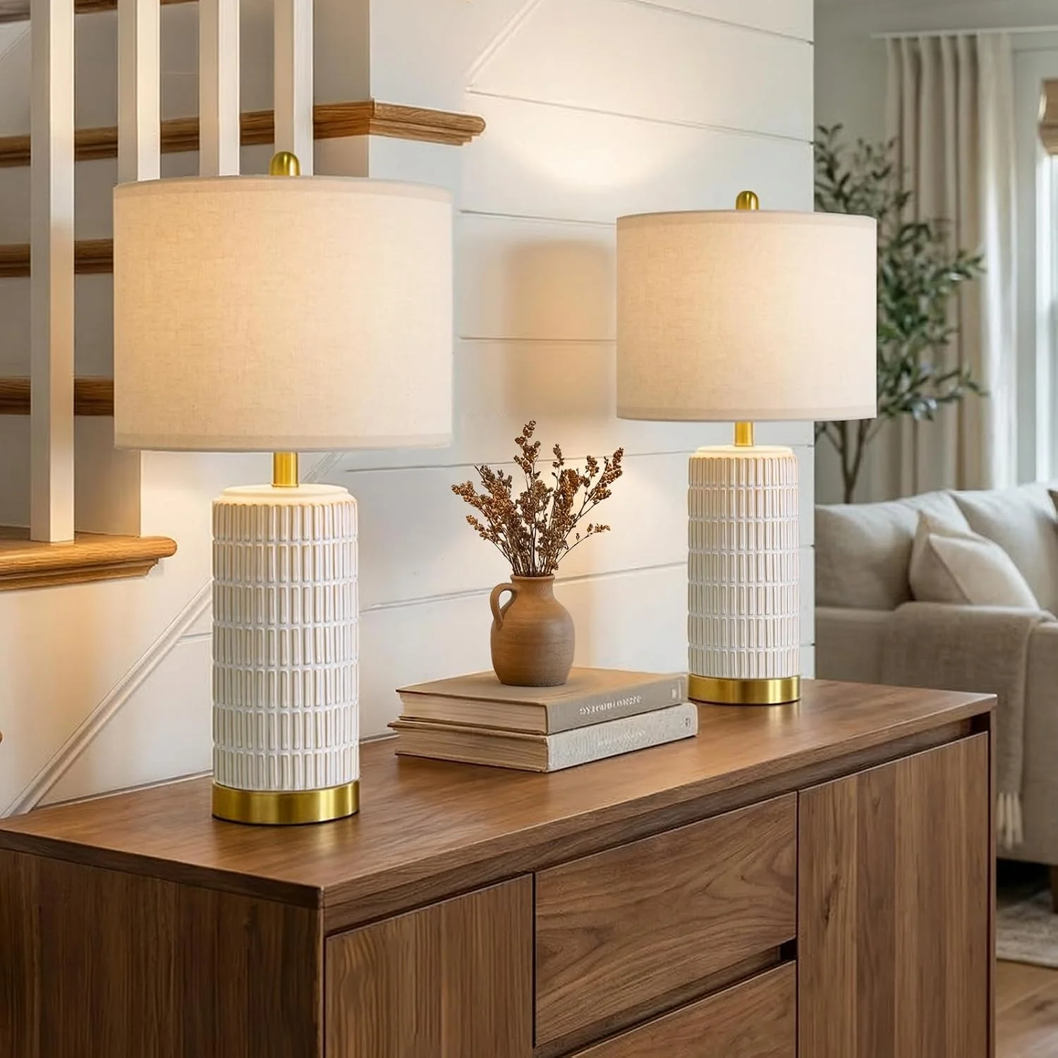 PoKat Small Bedside Table Lamps Set of 2 for Bedroom Living Room, 21.5'' Modern Ceramic Nightstand Lamps with Gold Base - Image 3