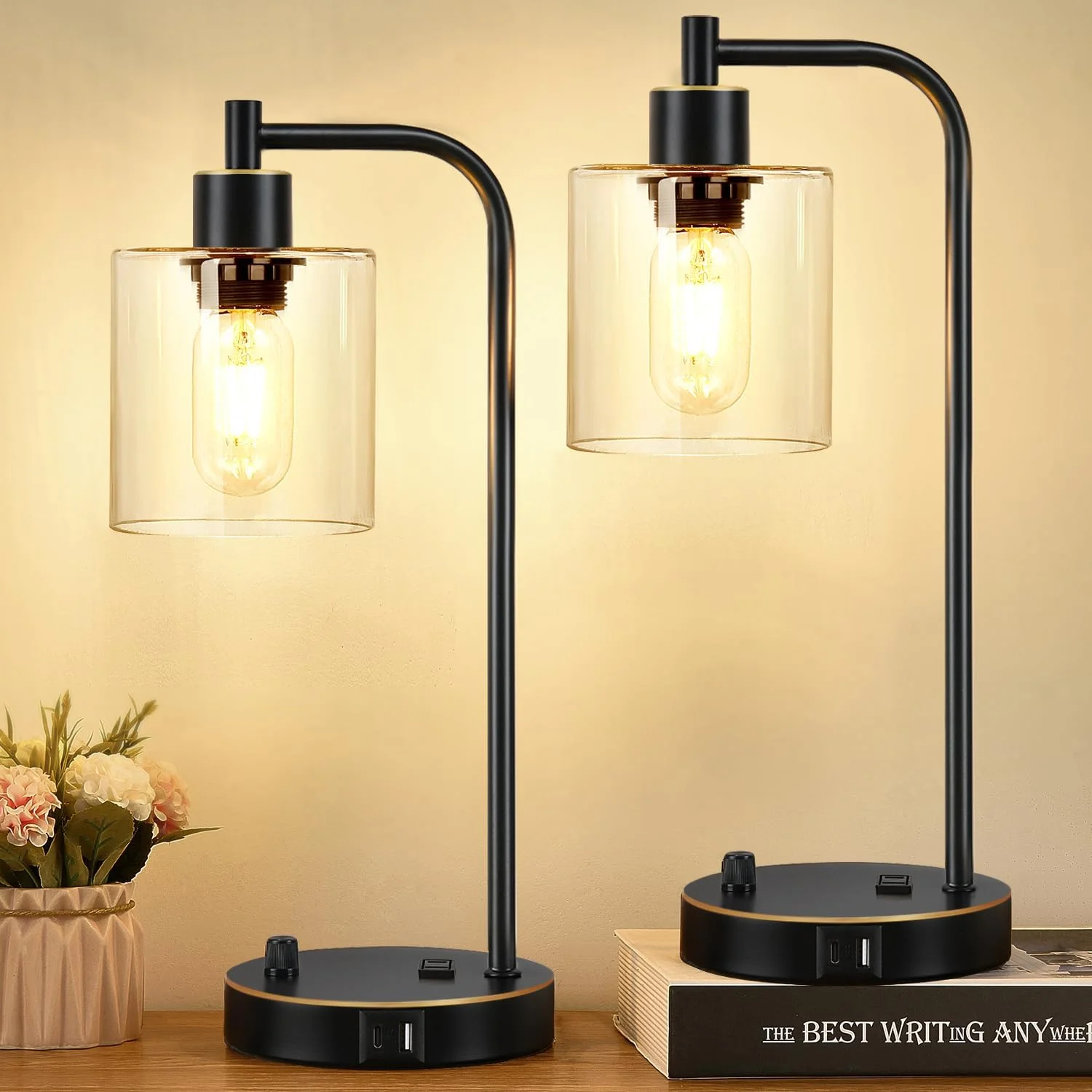 Lynnoland Set of 2 Industrial Table Lamps with 2 USB, Dimmable, Bulb Included - Image 9