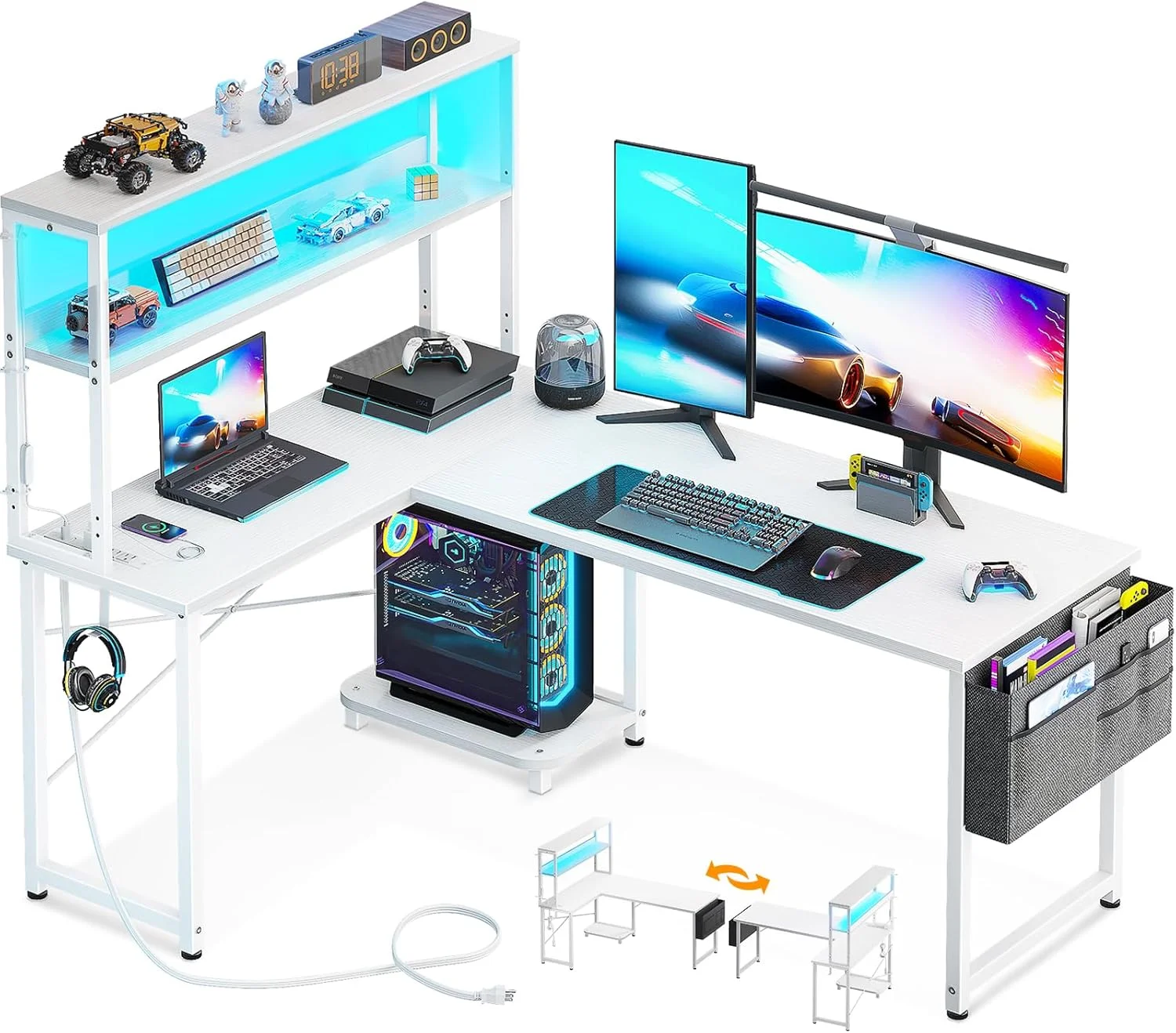 AODK L Shaped Desk Gaming Desk with LED Light & Power Outlet, 53 Inch Black Reversible L Shaped Computer Table with - Image 5