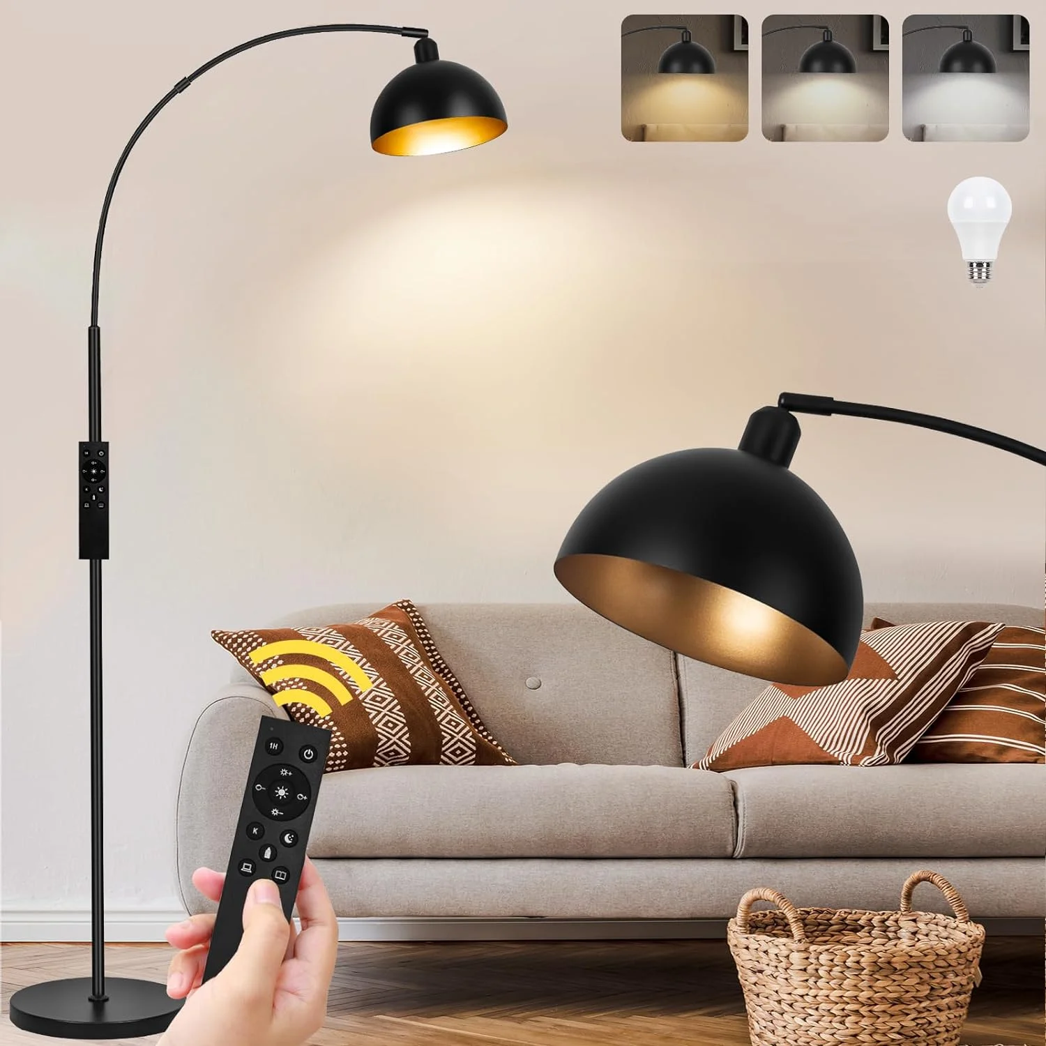 Black Arc Floor Lamp, Remote Control, Dimmable, 2700-6000K, Bulb Included, 9W LED, Modern Arch Standing lamp - Image 3
