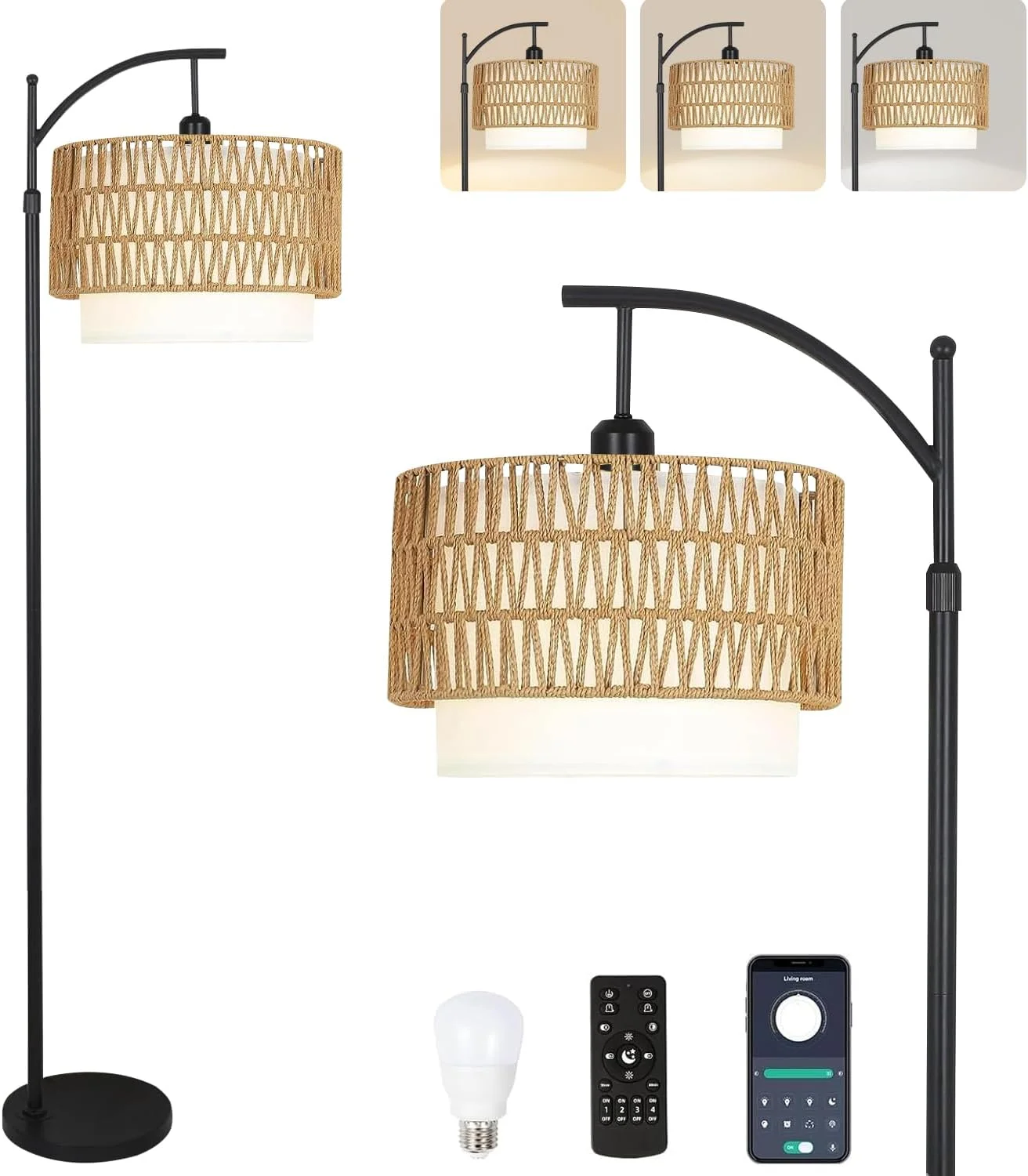Arc Floor Lamp for Living Room Rattan Boho Floor Lamp with Remote Control, Dimmable, 3-Color Temperature - Image 11