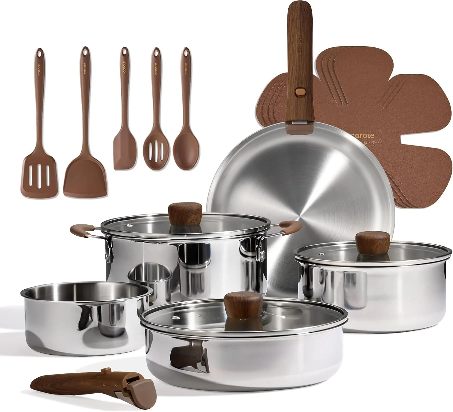CAROTE 19pcs Stainless Steel Cookware Set with Detachable Handle, Pots and Pans Set