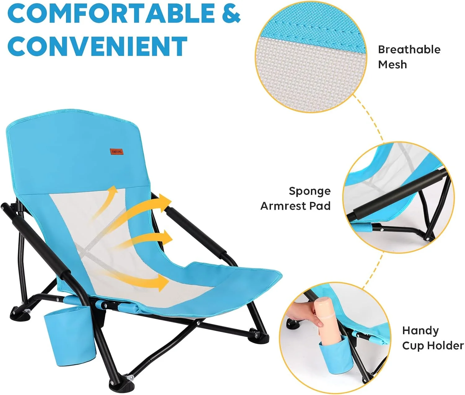 TOBTOS Low Beach Chair for Adults 2 Pack, Low Profile Folding with Cup Holder & Carry Bag, Heavy Duty Chair for Outdoor - Image 5