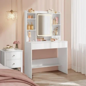 VASAGLE KAILYN Collection, Vanity Desk with Mirror and 9 LED Bulbs, Dressing Table with 9 Drawers