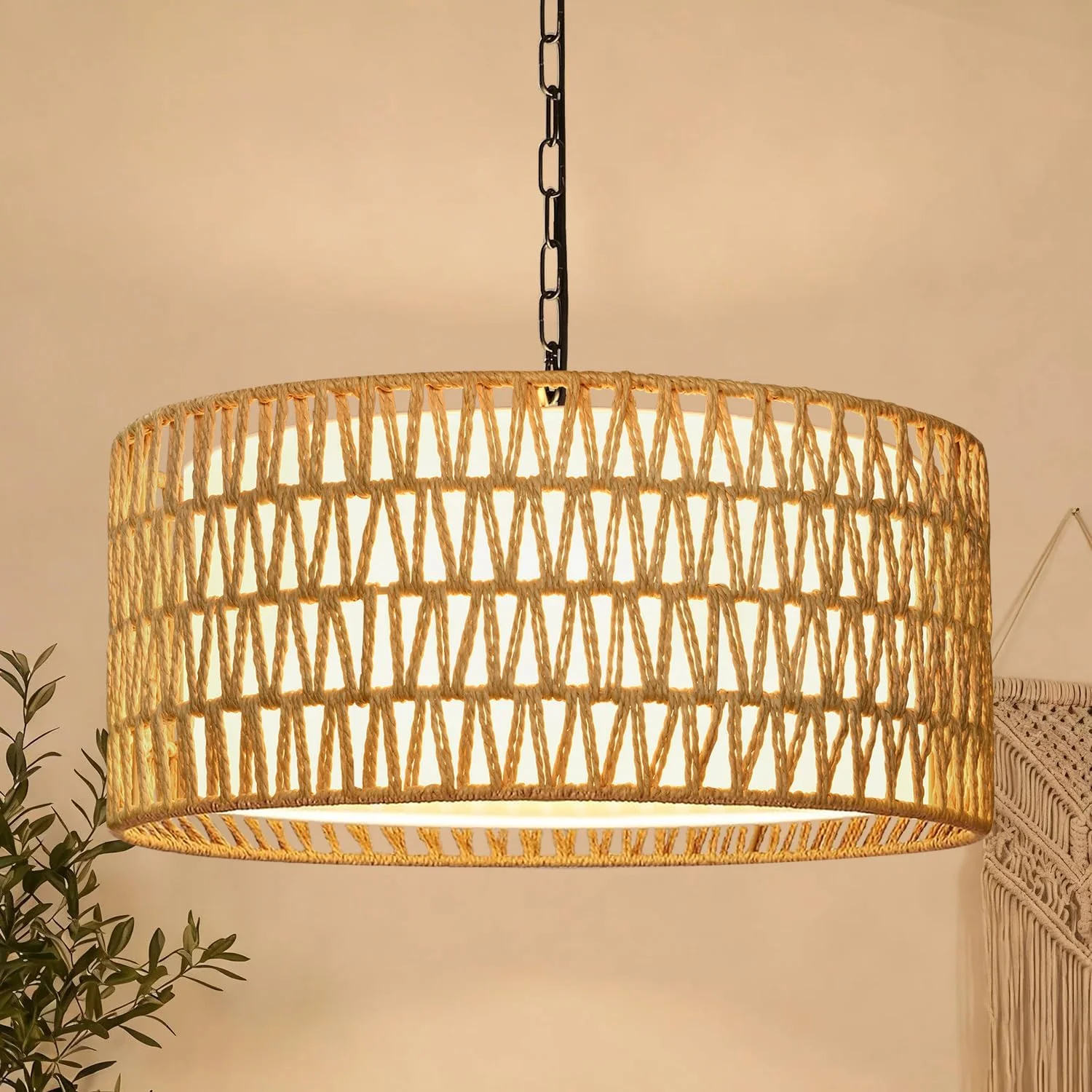9-52 Height Adjustable Farmhouse Chandelier Light Fixture, 5-Light Rattan Boho Chandeliers for Dining Room - Image 5