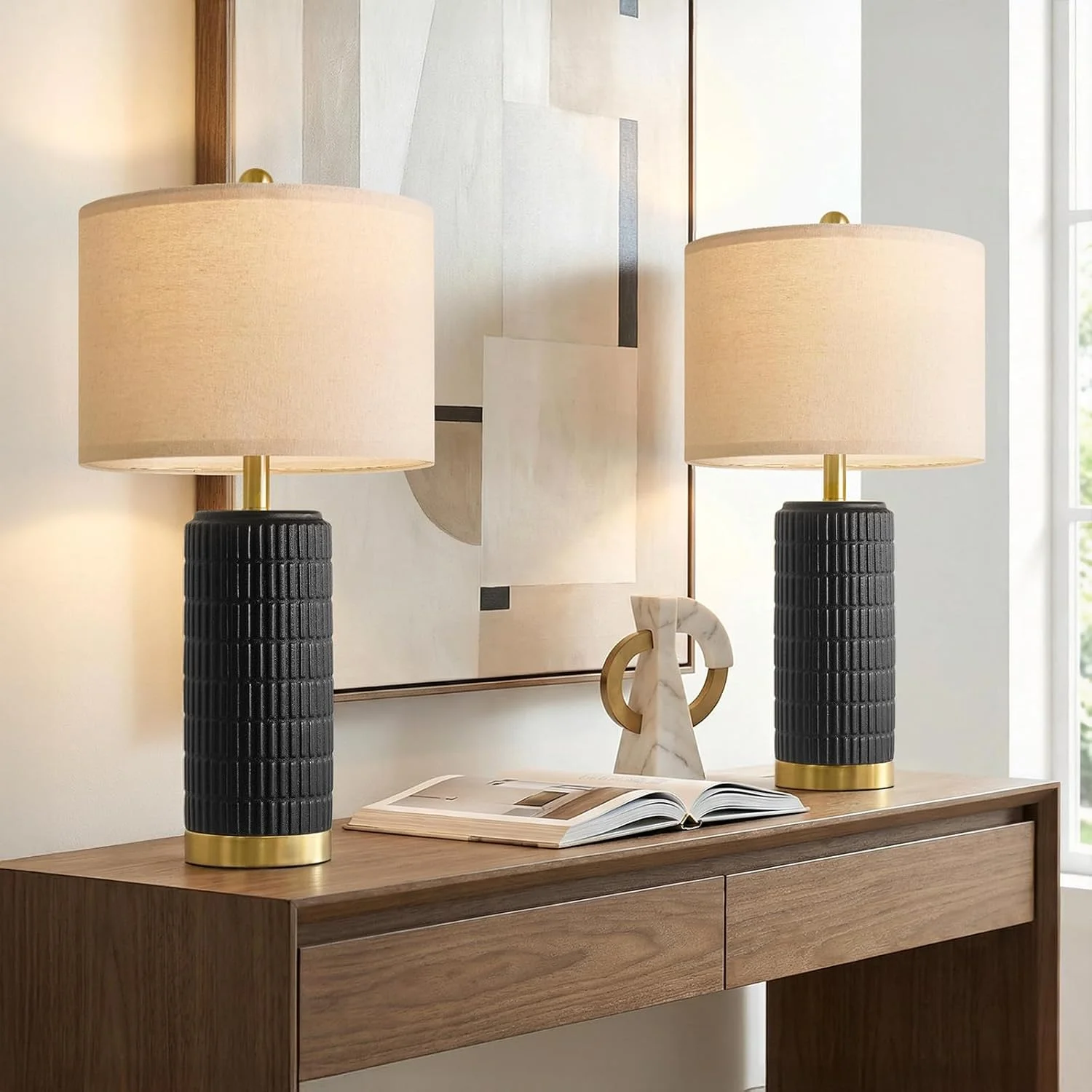 PoKat Small Bedside Table Lamps Set of 2 for Bedroom Living Room, 21.5'' Modern Ceramic Nightstand Lamps with Gold Base - Image 5