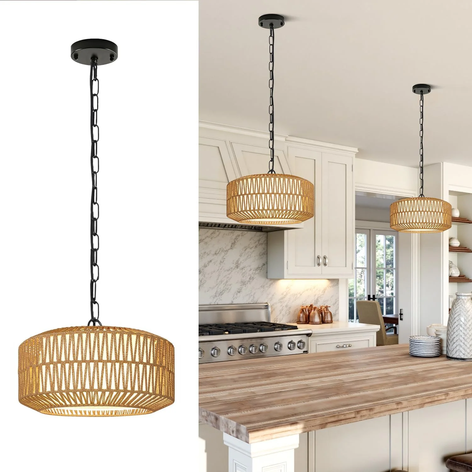 9-52 Height Adjustable Farmhouse Chandelier Light Fixture, 5-Light Rattan Boho Chandeliers for Dining Room - Image 7