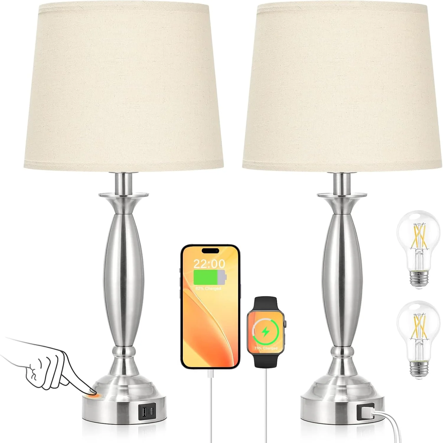 Seealle Touch Bedside Lamps for Nightstand Set of 2, Dimmable, Bulb Included - Image 4