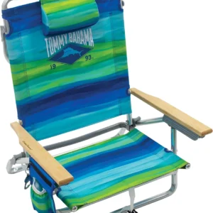 Tommy Bahama 5-Position Classic Lay Flat Folding Backpack Beach Chair, Aluminum, Red, White, and Blue Stripe