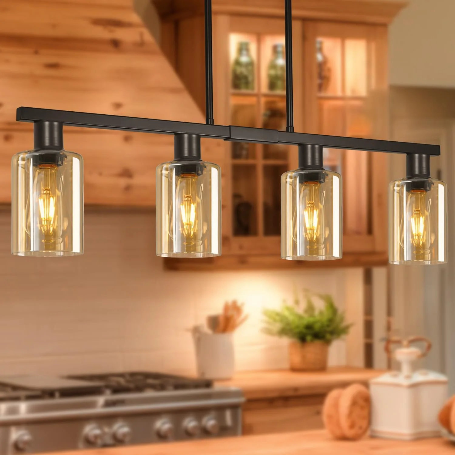 4-Light Kitchen Island Lighting, Farmhouse Chandelier with Adjustable Height & Clear Glass Shades - Image 14