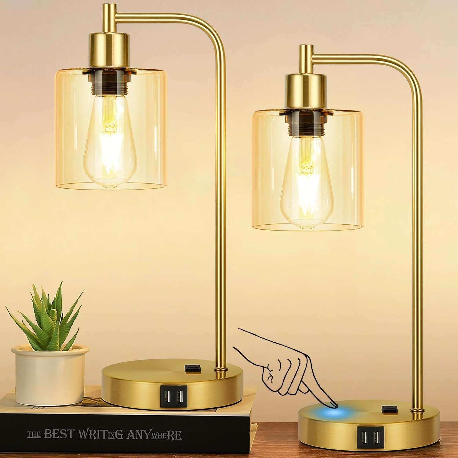 Set of 2 Industrial Touch Control Table Lamps with USB C+A Ports and AC Outlet, Dimmable, Bulb Included - Image 9