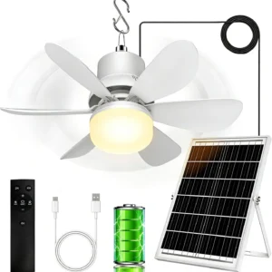 Solar Fan for Gazebo with Light, 18000mAh Rechargeable Solar Powered Patio Ceiling Fan with Remote